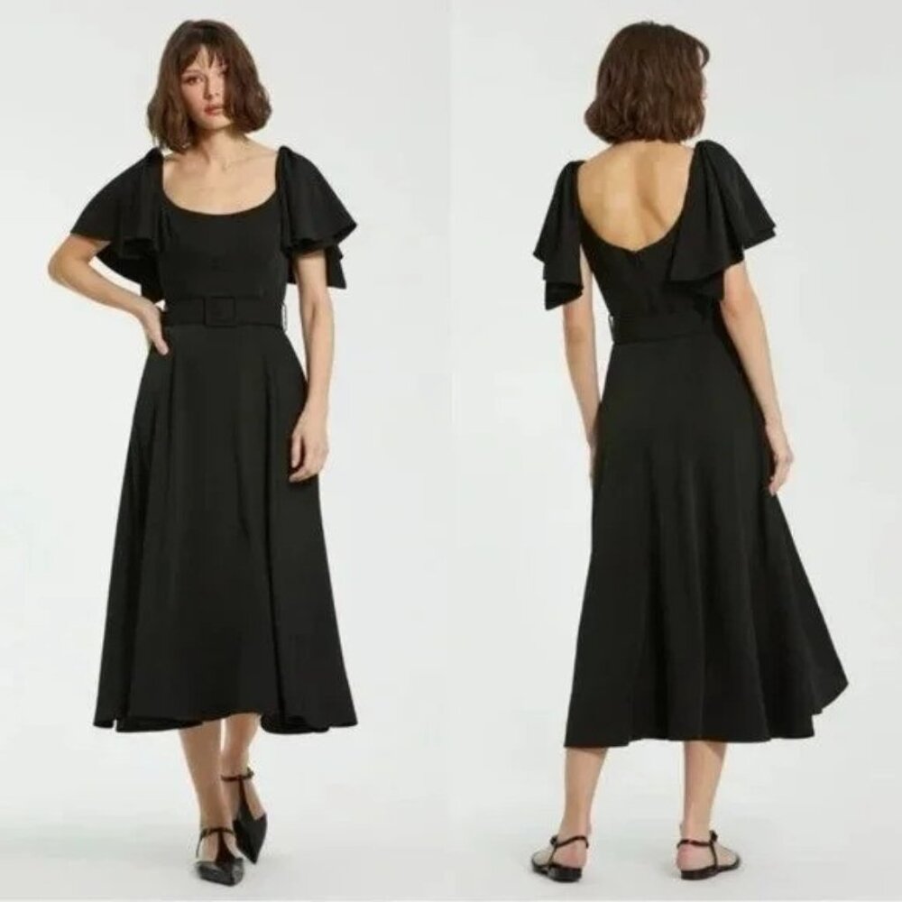 New Mac Duggal 20977 Scoop Neck Flutter Sleeve Midi Dress Z79